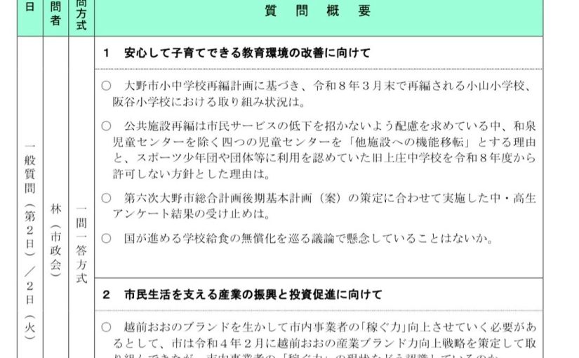 （大野市議会・一般質問）12月2日午前10時〜、より良い教育と産業振興に向けて